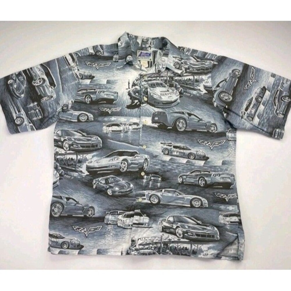 Reyn Spooner Corvette Button Shirt Men’s XXL Short Sleeve Sports Blue Grey VTG